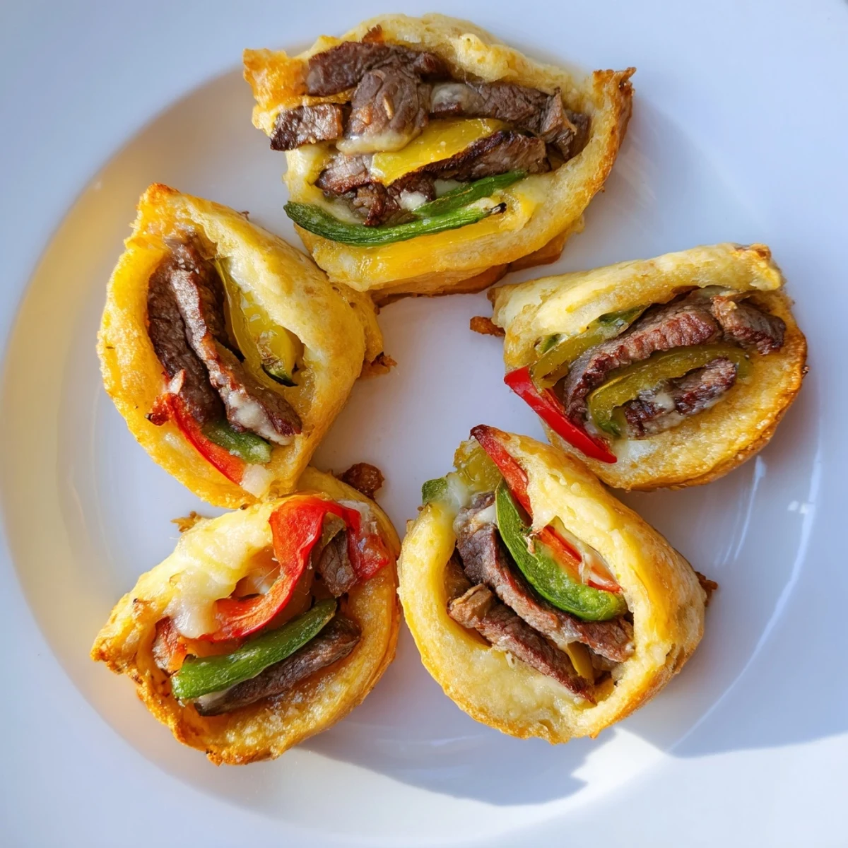 A close-up of Ultimate Keto Philly Cheesesteak Rolls shows flaky low-carb dough stuffed with tender ribeye steak and gooey cheese.