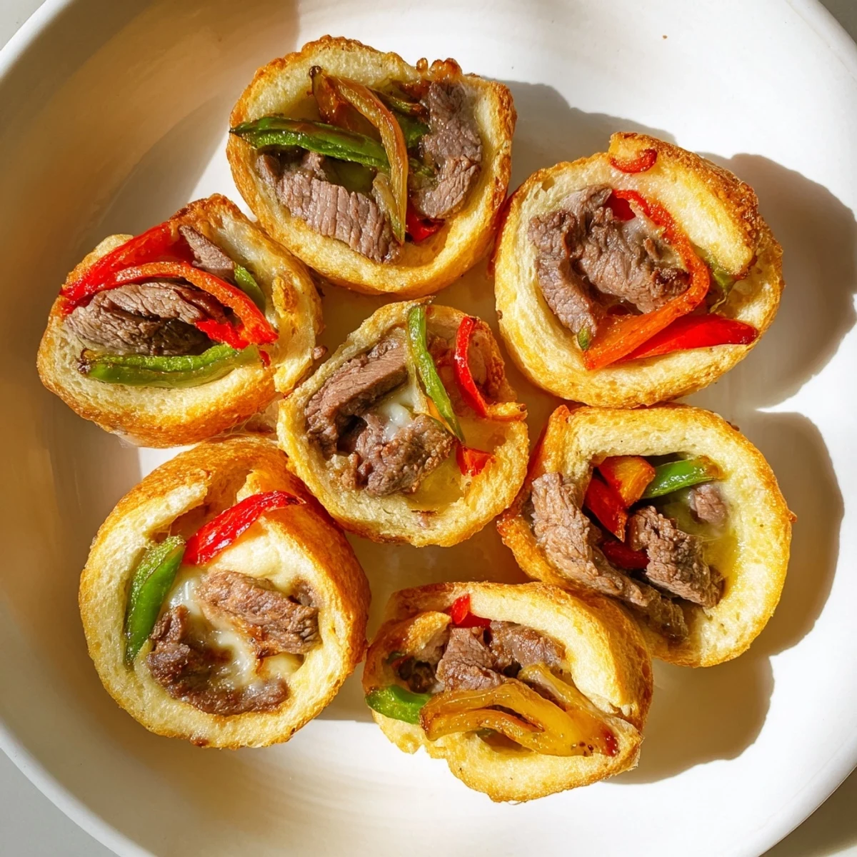 Golden-brown Ultimate Keto Philly Cheesesteak Rolls sit on a baking sheet, filled with melted provolone and sautéed peppers and onions.