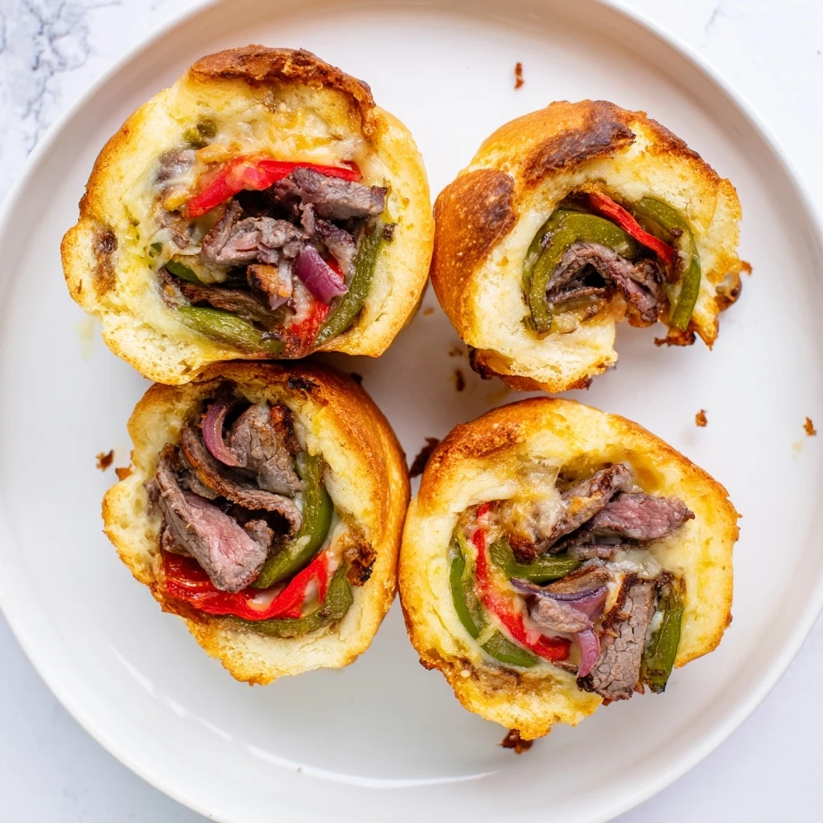 Freshly baked Ultimate Keto Philly Cheesesteak Rolls are arranged on a white plate, perfect for a hearty low-carb dinner.