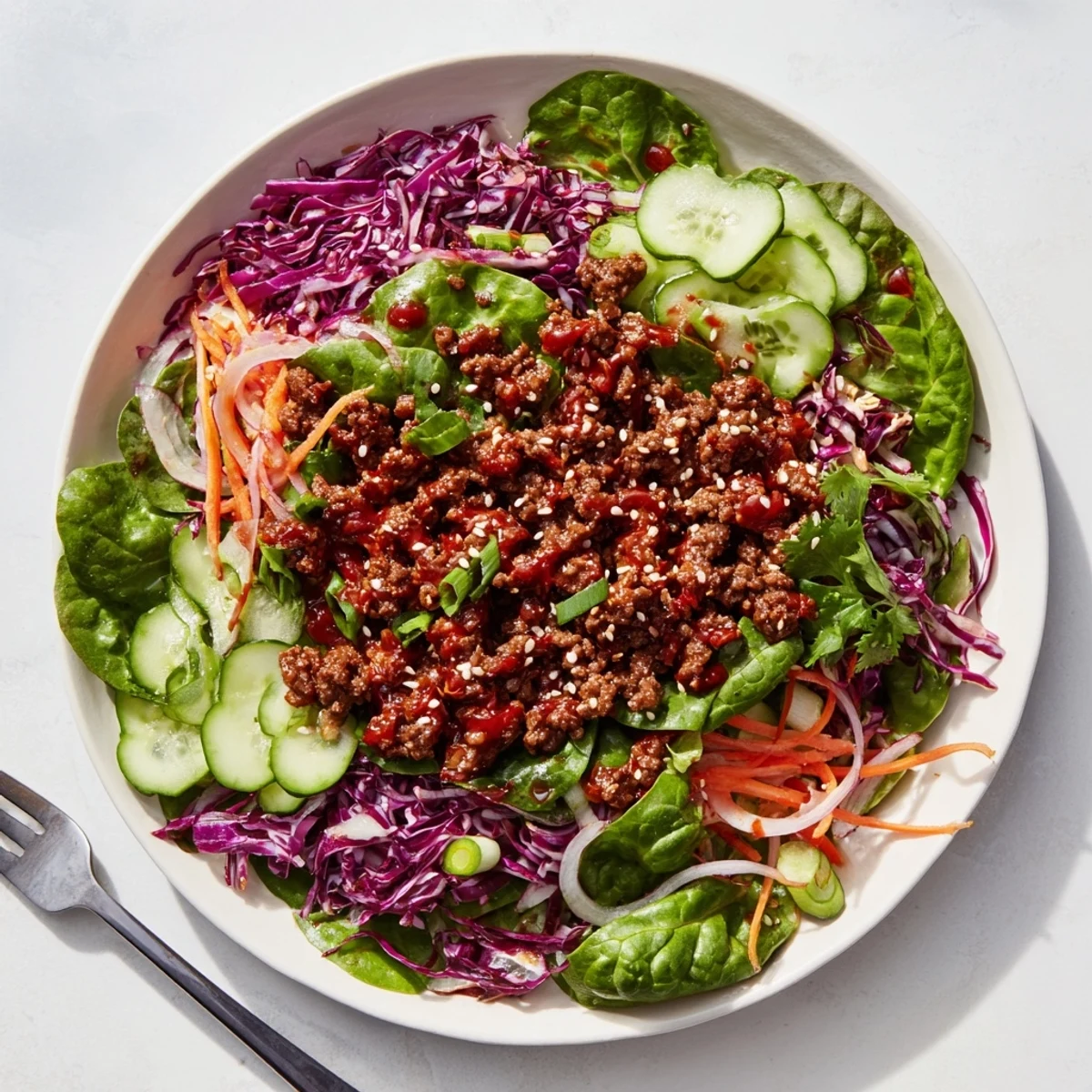 A close-up of Satisfy Your Cravings Spicy Keto Korean Ground Beef Salad with seasoned beef over crisp greens.