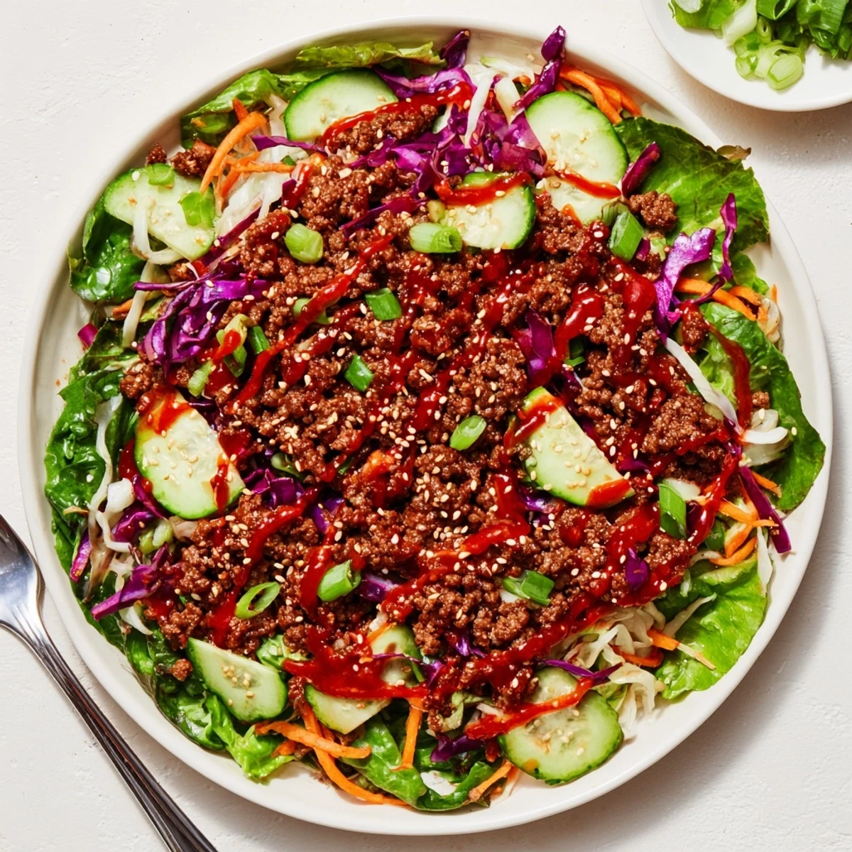 Freshly plated Satisfy Your Cravings Spicy Keto Korean Ground Beef Salad garnished with sesame seeds and herbs.