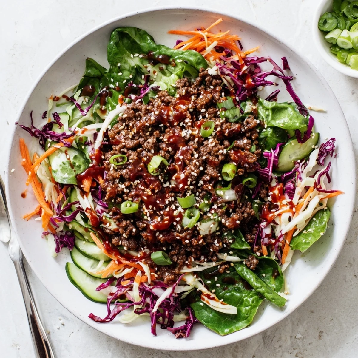 Satisfy Your Cravings Spicy Keto Korean Ground Beef Salad served in a white bowl with vibrant vegetables.