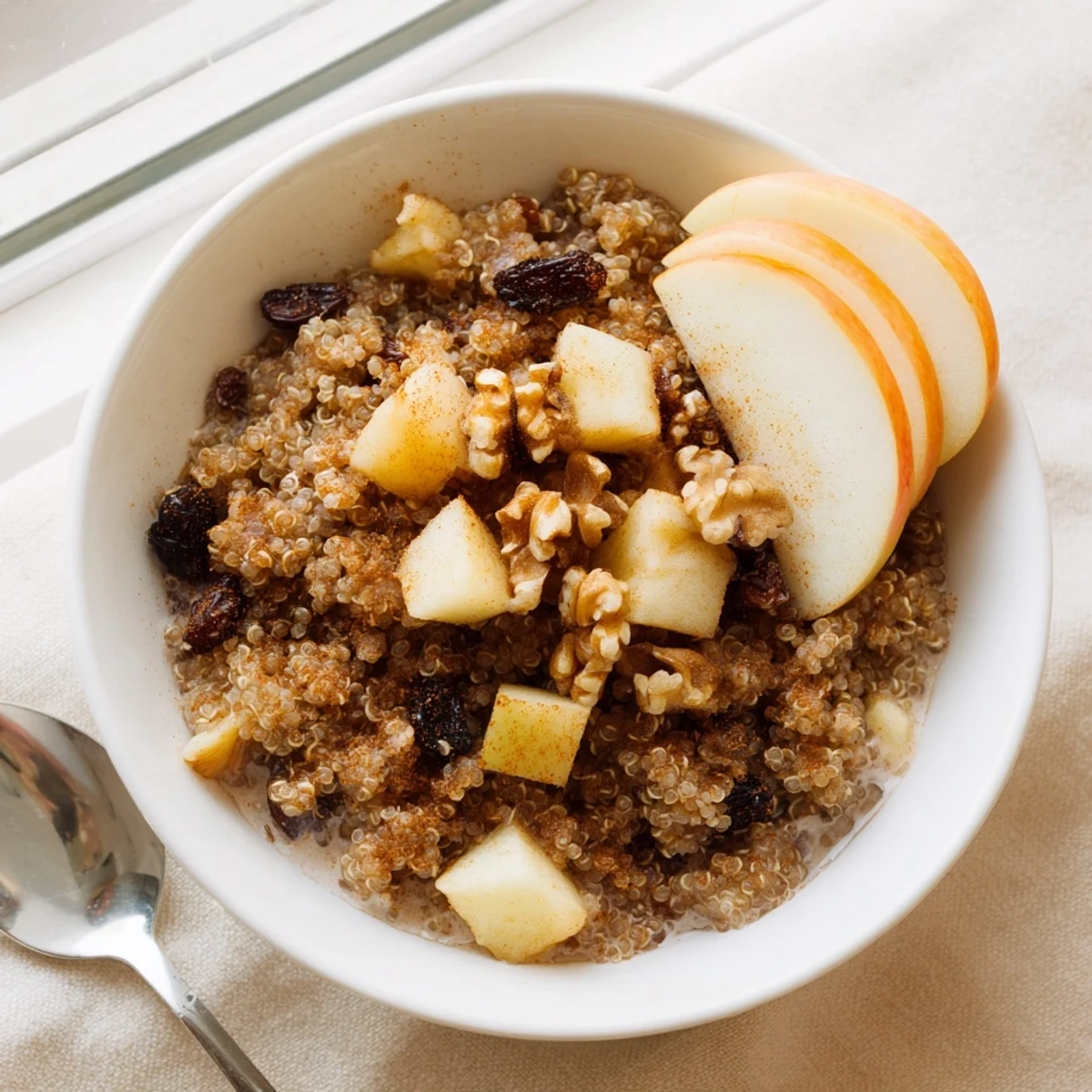 Healthy Quinoa Apple Breakfast bowl with creamy texture, diced apples, and a drizzle of golden honey.