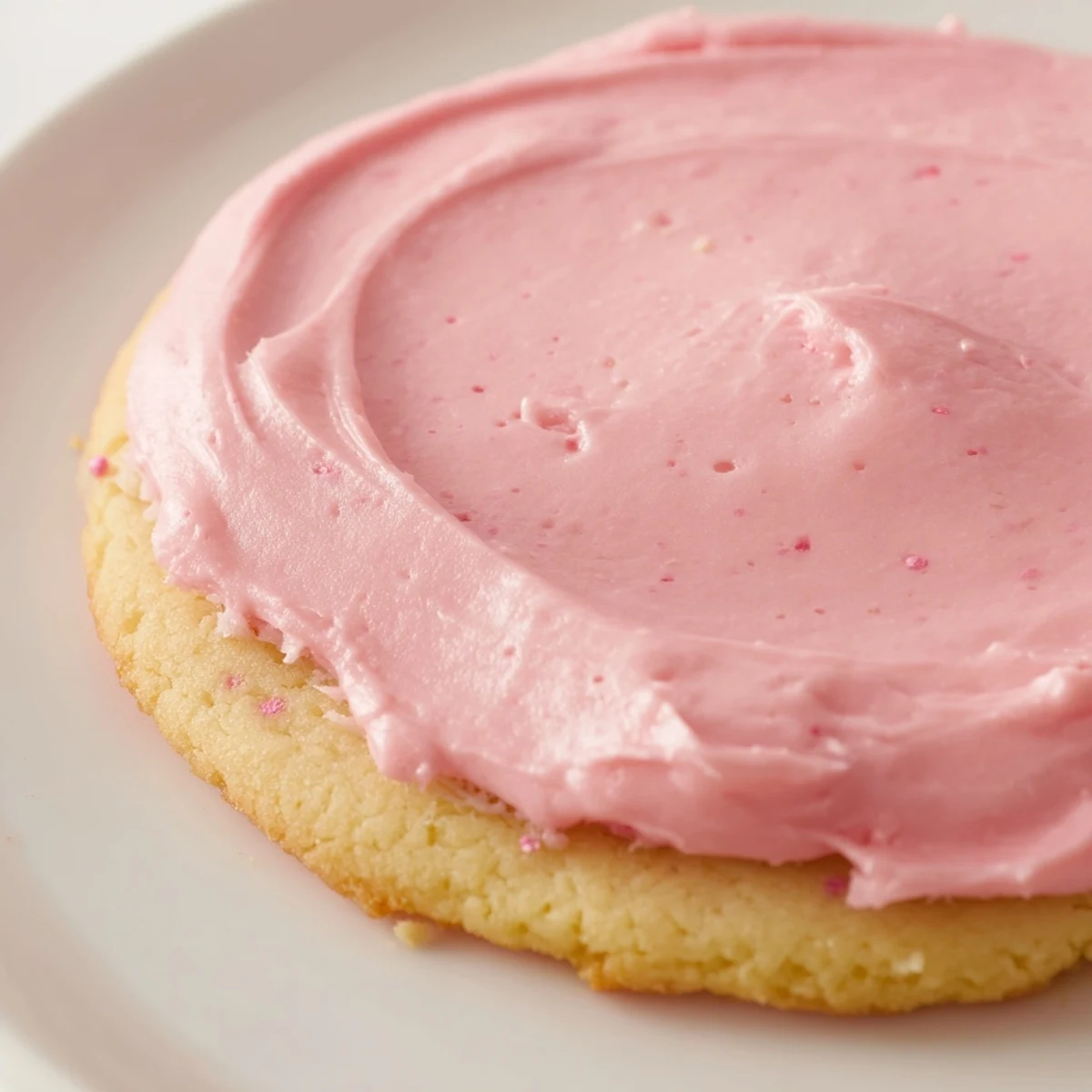 Crumbl Pink Sugar Cookies show glossy pink frosting and crumbly edges on a white plate.