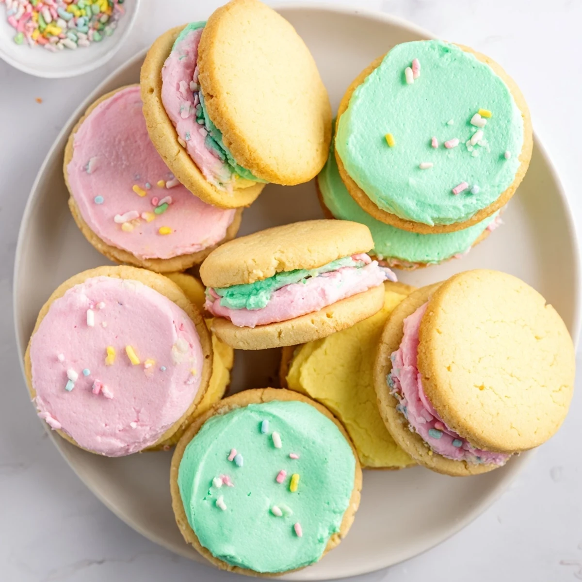 Stacked pastel sugar cookie sandwiches show a vibrant pink buttercream center between soft, round vanilla cookies.