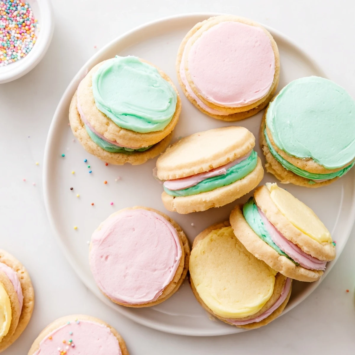 Brightly colored pastel sugar cookie sandwiches with yellow, blue, and green frosting layers on a dessert tray.