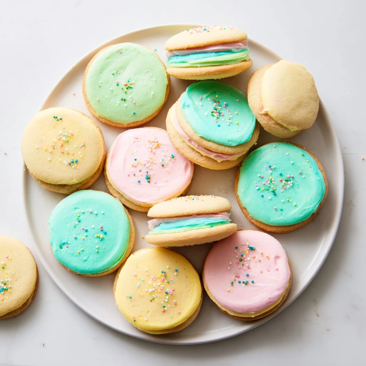 Close-up of pastel sugar cookie sandwiches revealing fluffy buttercream filling and delicate cookie edges, perfect for spring.