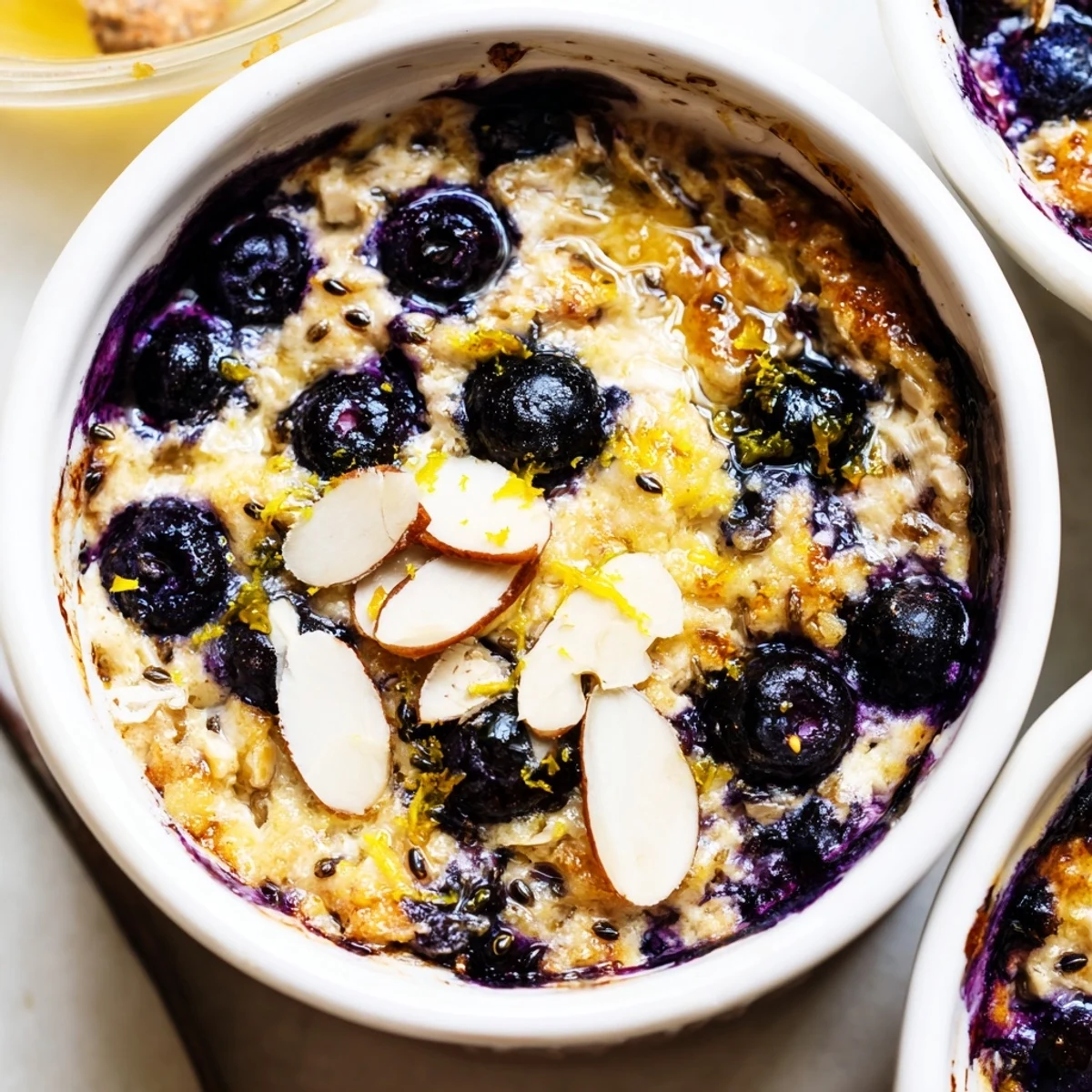 Creamy baked Baked Blueberry Cottage Cheese Breakfast Bowls in ramekins topped with fresh blueberries and toasted almonds.