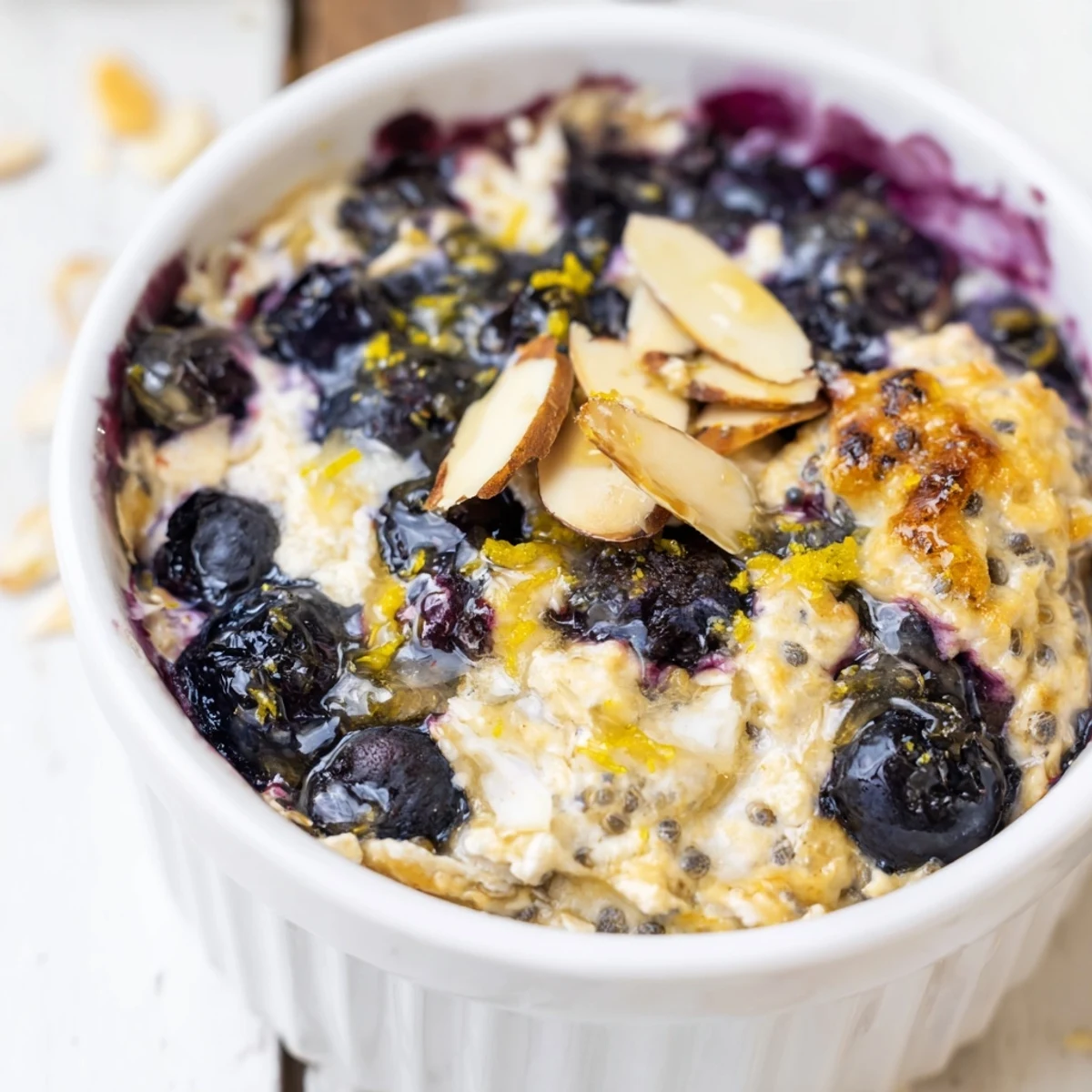 Warm Baked Blueberry Cottage Cheese Breakfast Bowls served from a white dish with a honey drizzle.
