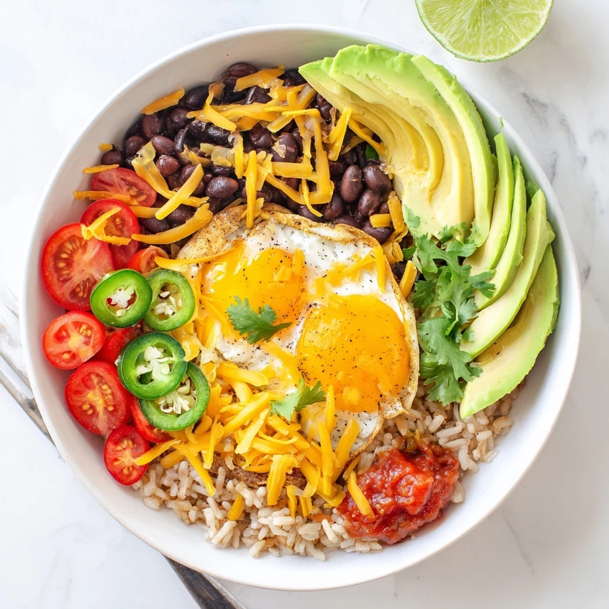 Vibrant Tex Mex Inspired Breakfast Bowls filled with sautéed peppers, onions, black beans, topped with eggs, avocado, and cheese.