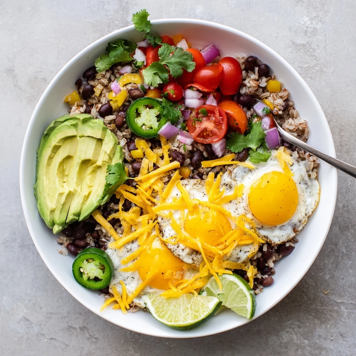 Fresh Tex Mex Inspired Breakfast Bowls served in white bowls featuring scrambled eggs, cherry tomatoes, jalapeños, and a drizzle of salsa.