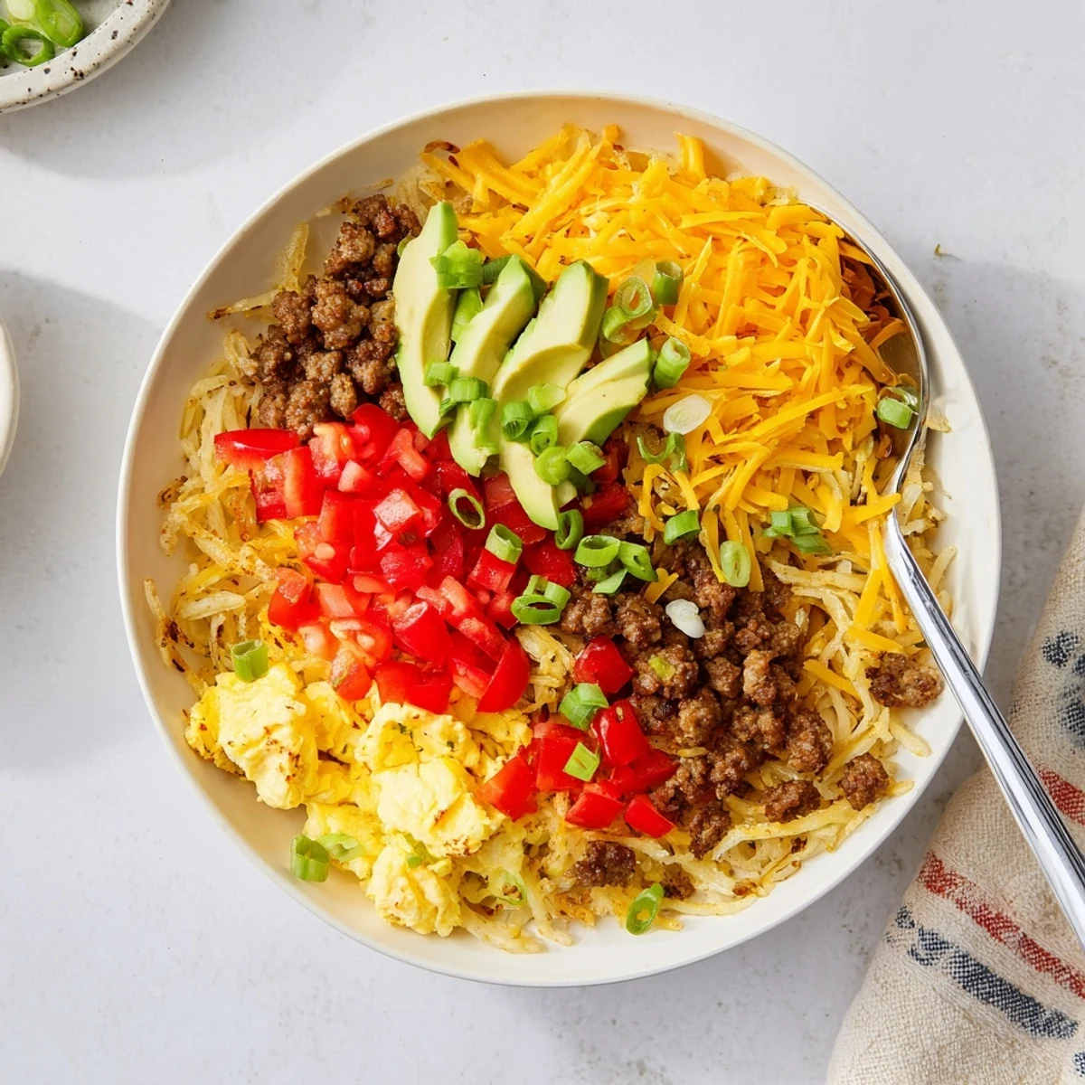 Crispy shredded hash browns topped with fluffy scrambled eggs, savory sausage, and fresh diced tomatoes in a Hash Brown Breakfast Bowl.