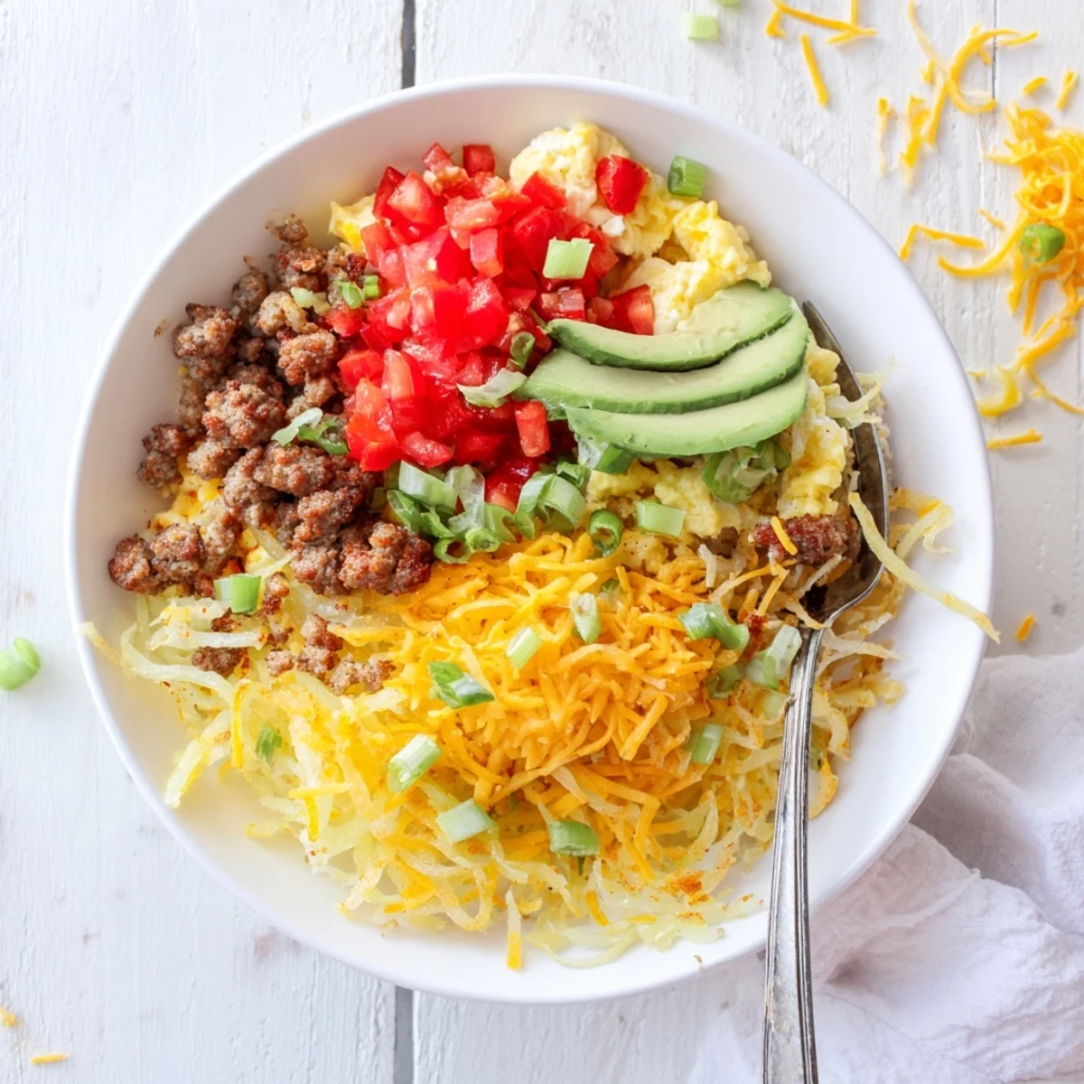 A hearty Hash Brown Breakfast Bowl features golden hash browns, crumbled sausage, melted cheddar cheese, and sliced avocado for serving.