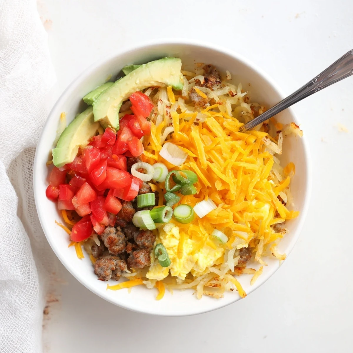 Savory Hash Brown Breakfast Bowls with crispy potatoes, soft scrambled eggs, green onions, and a drizzle of hot sauce for a spicy kick.
