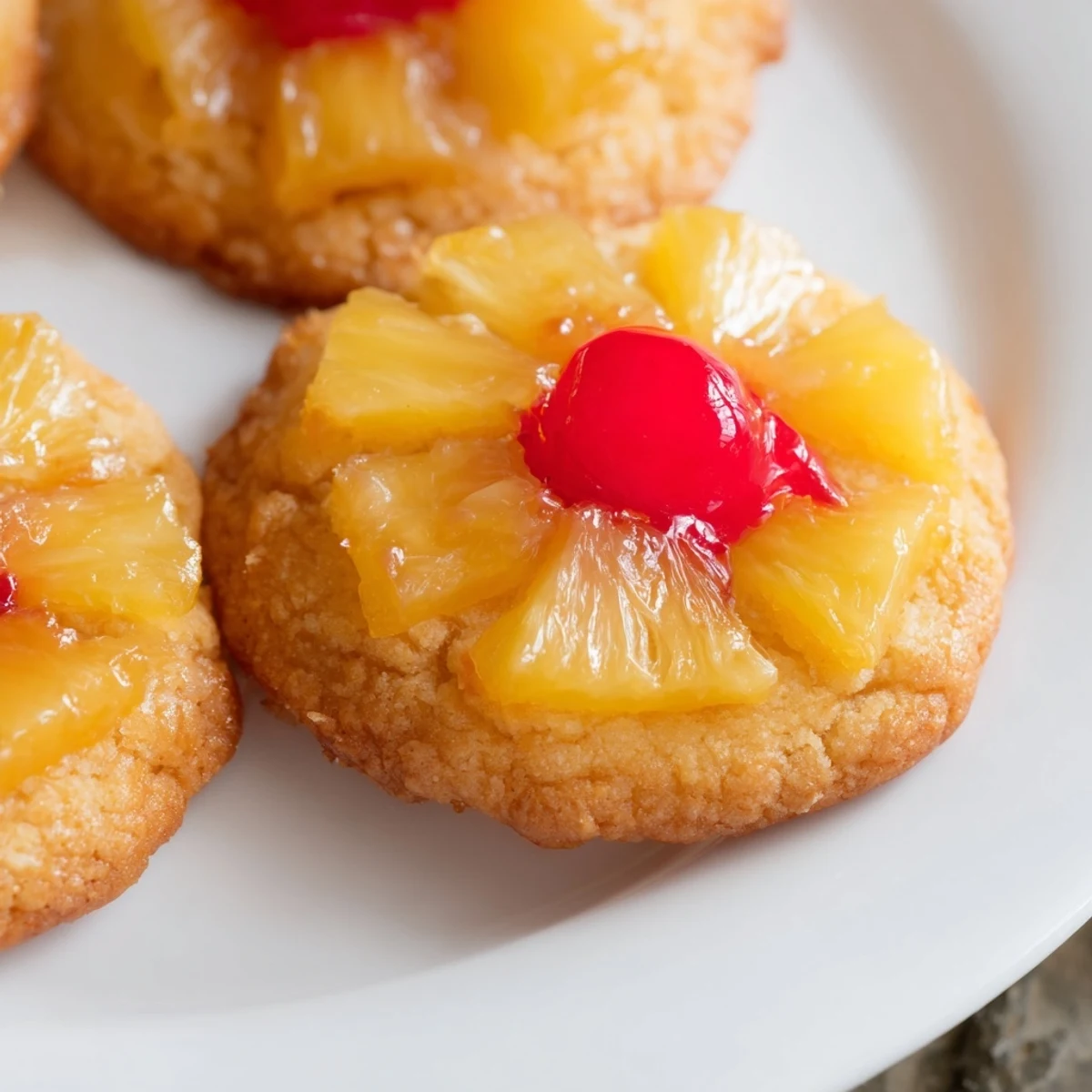 Close-up of warm Pineapple Upside Down Sugar Cookies fresh from the oven, revealing soft, chewy edges and a tropical fruit topping.