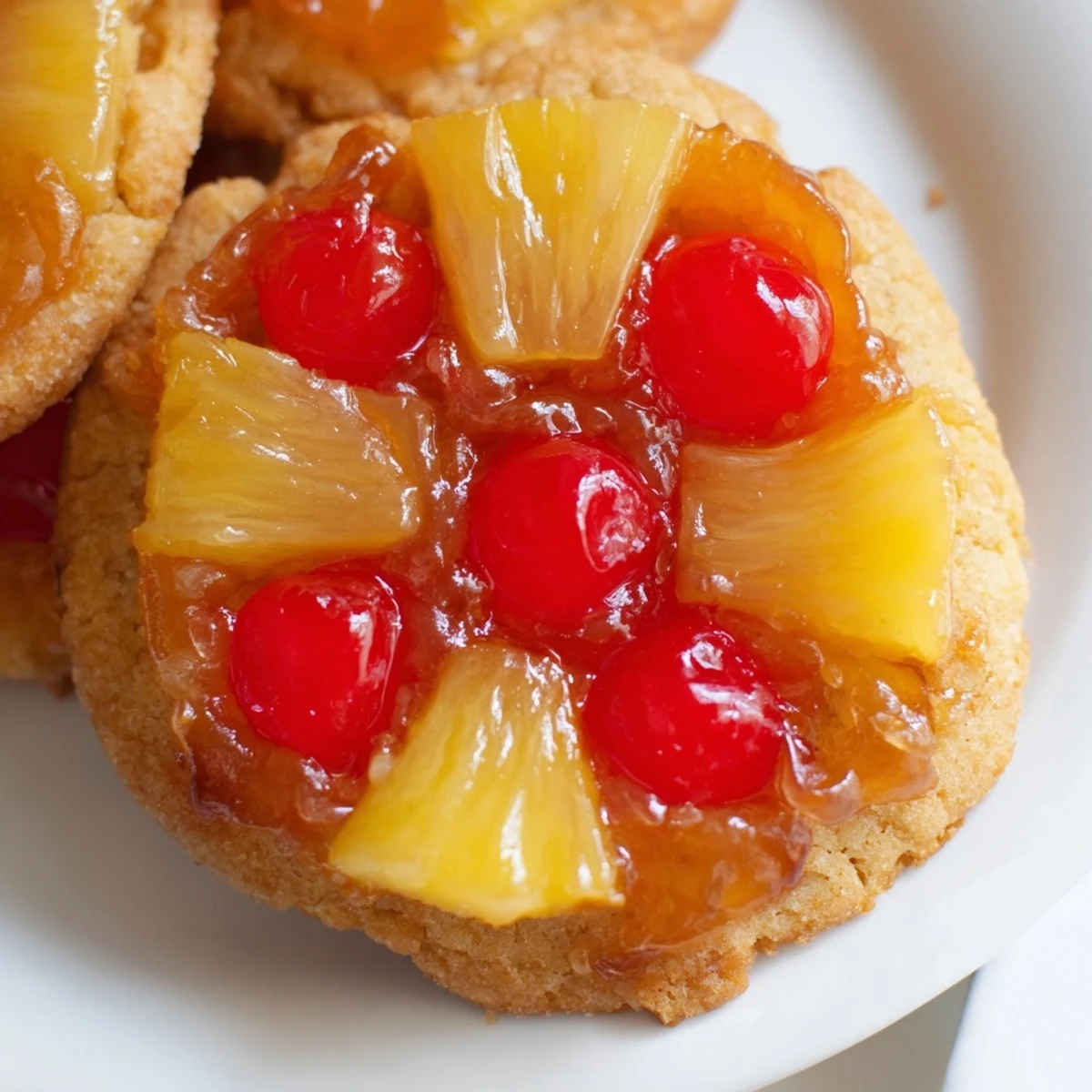 Golden Pineapple Upside Down Sugar Cookies arranged on a wire rack with caramelized pineapple chunks and maraschino cherry halves glistening on top.