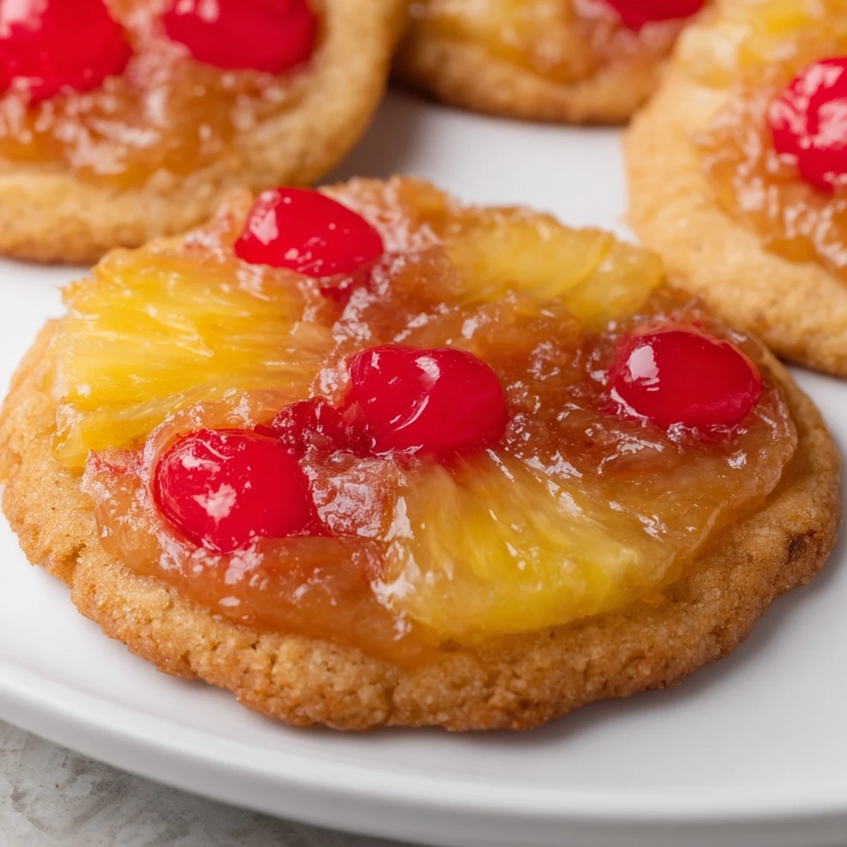 Stack of three Pineapple Upside Down Sugar Cookies on a dessert plate, ready to serve with a scoop of vanilla ice cream.