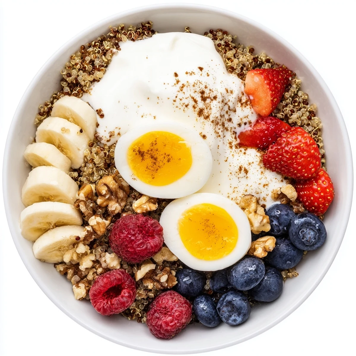 Overhead view of a Dietitians Balanced Breakfast Bowl with quinoa, yogurt, berries, banana, eggs, walnuts, and chia seeds on a wooden table.