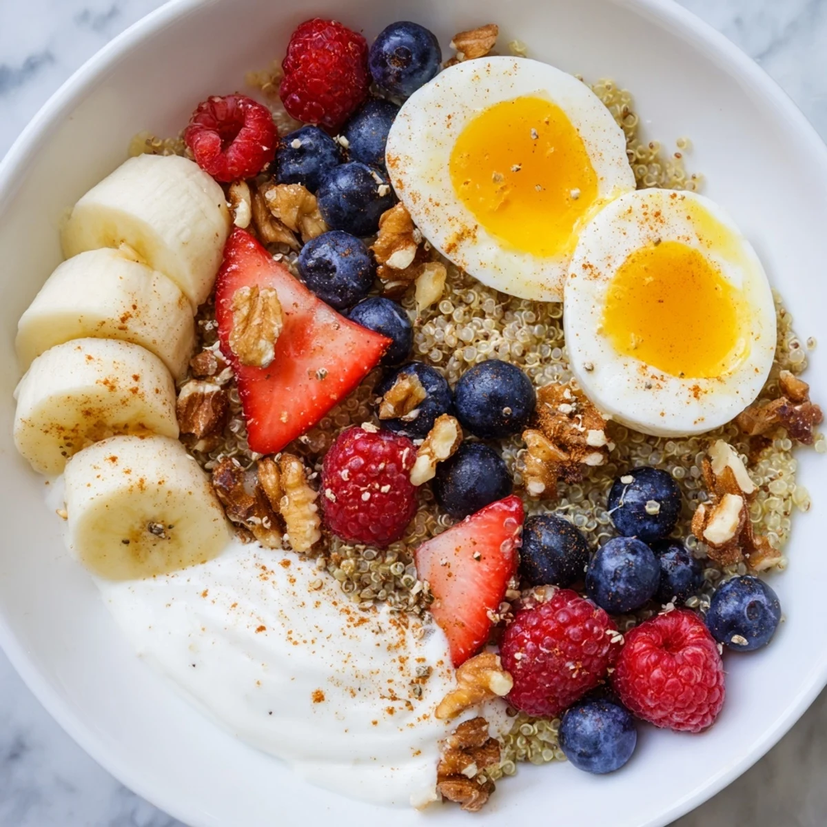 Colorful Dietitians Balanced Breakfast Bowl with whole grains, sliced bananas, mixed berries, nuts, and seeds served in a ceramic bowl.