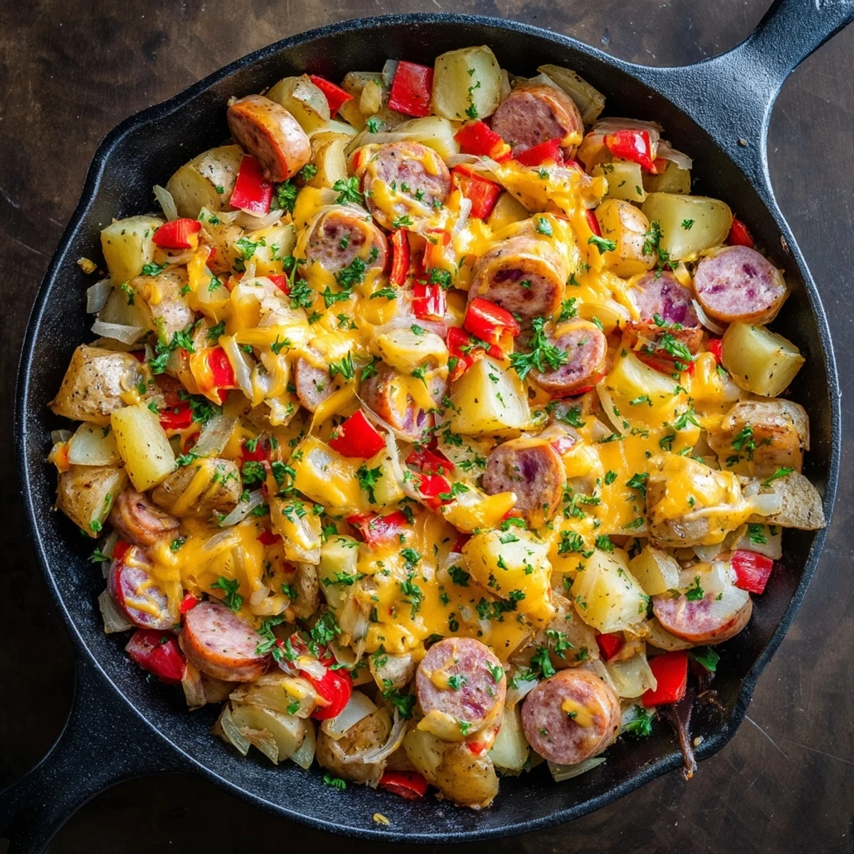 Golden, bubbly cheddar cheese melts over the one-pan Cheesy Sausage and Potato Skillet Bake with fresh parsley garnish.