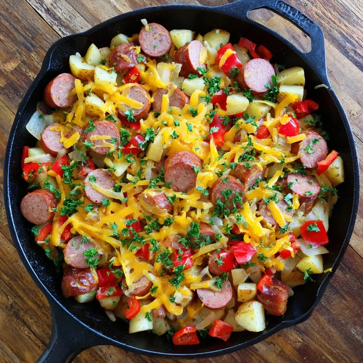 A close-up of the savory Cheesy Sausage and Potato Skillet Bake, featuring browned sausage and tender potatoes.
