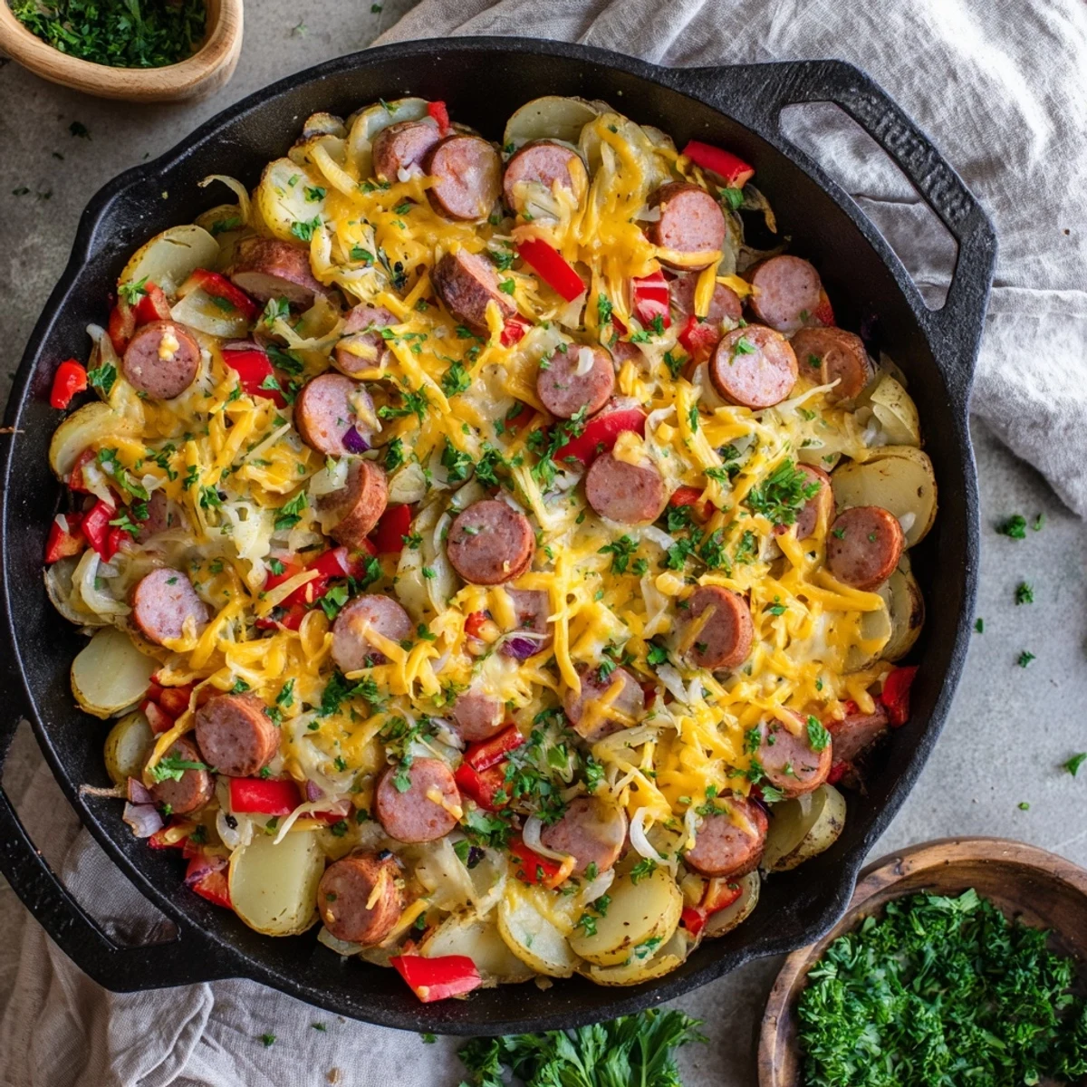 Serving suggestion for the Cheesy Sausage and Potato Skillet Bake, perfect with a side salad for a weeknight dinner.