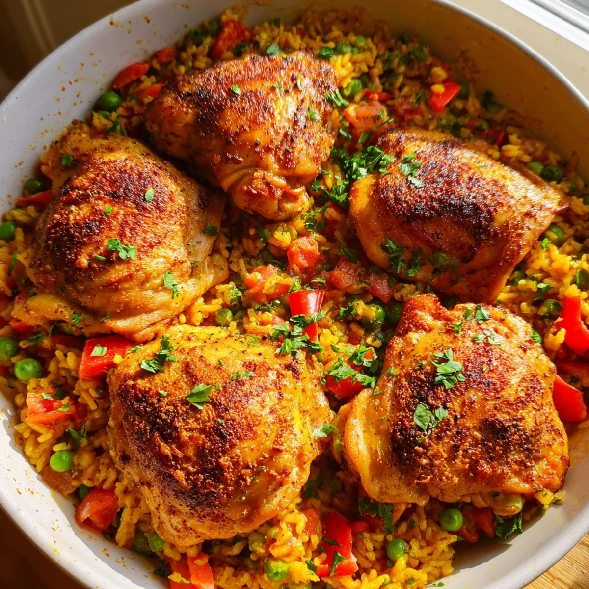 Golden-brown chicken thighs with paprika and oregano rest on a bed of saffron-infused rice with diced red and yellow bell peppers and peas.