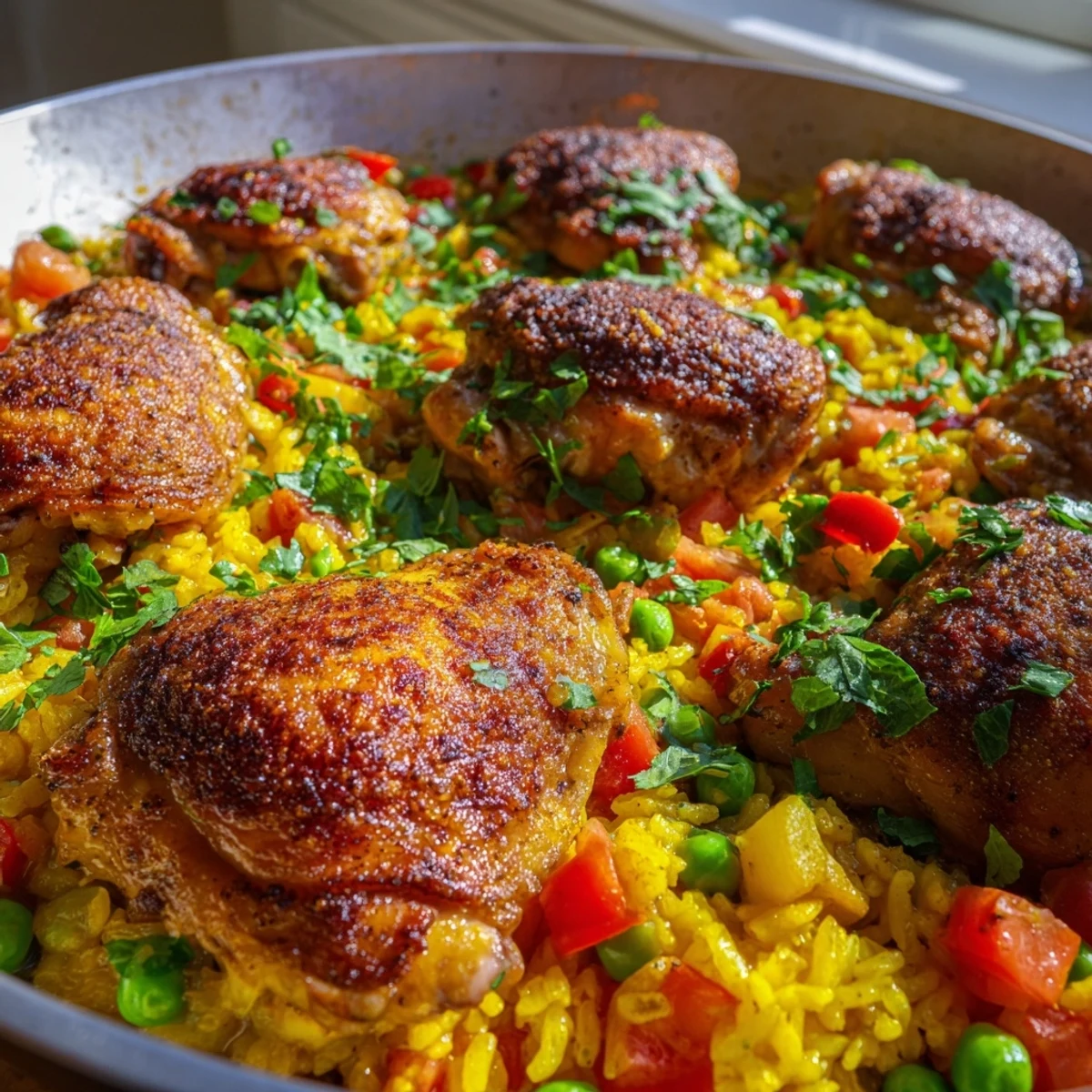 One-pan Spanish chicken and rice bake, finished with fresh parsley and lemon wedges, ready to serve as a family-friendly gluten-free dinner.