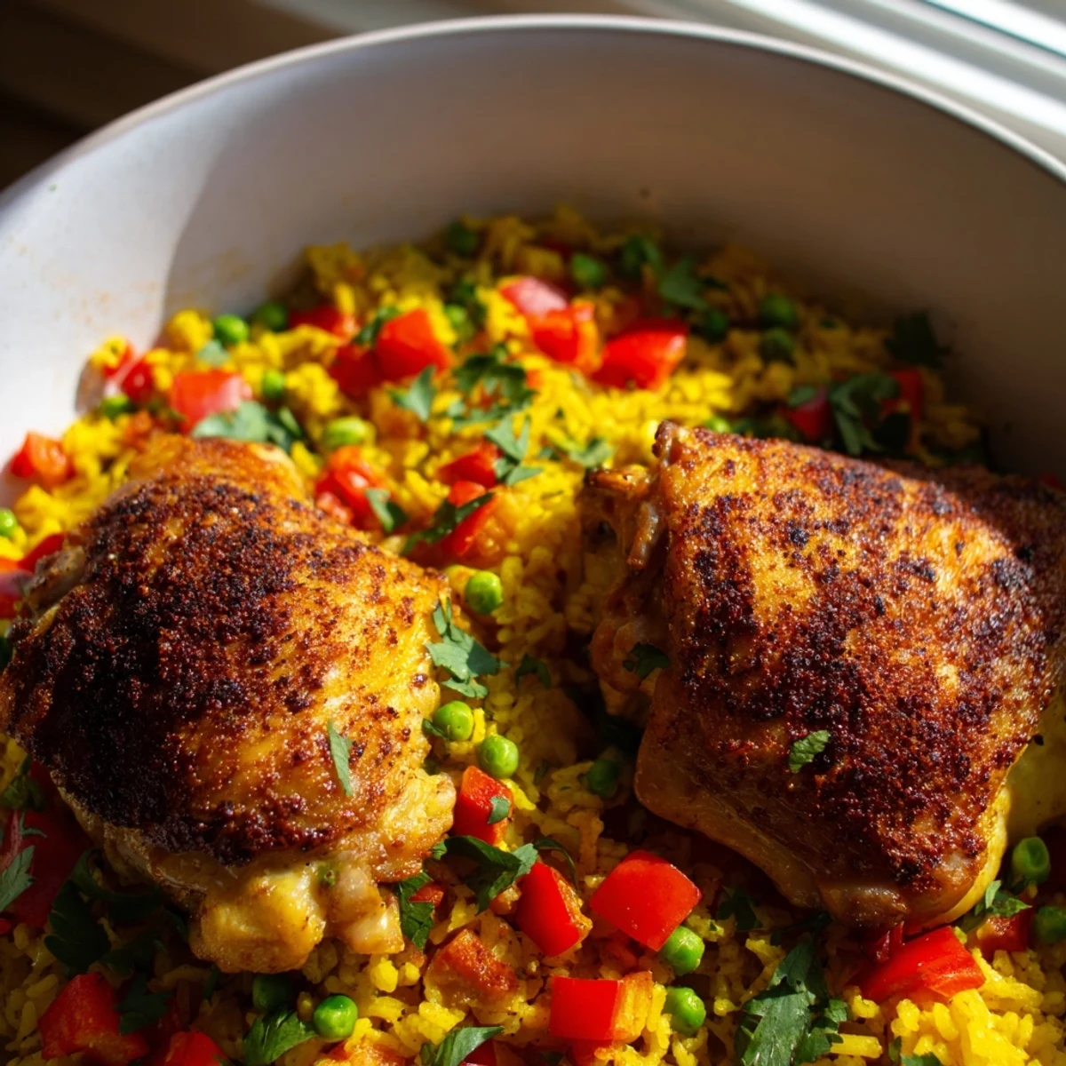 A rustic skillet of One Pan Spanish Chicken and Rice Bake shows tender meat, fluffy rice, and vibrant vegetables, steaming hot and savory.