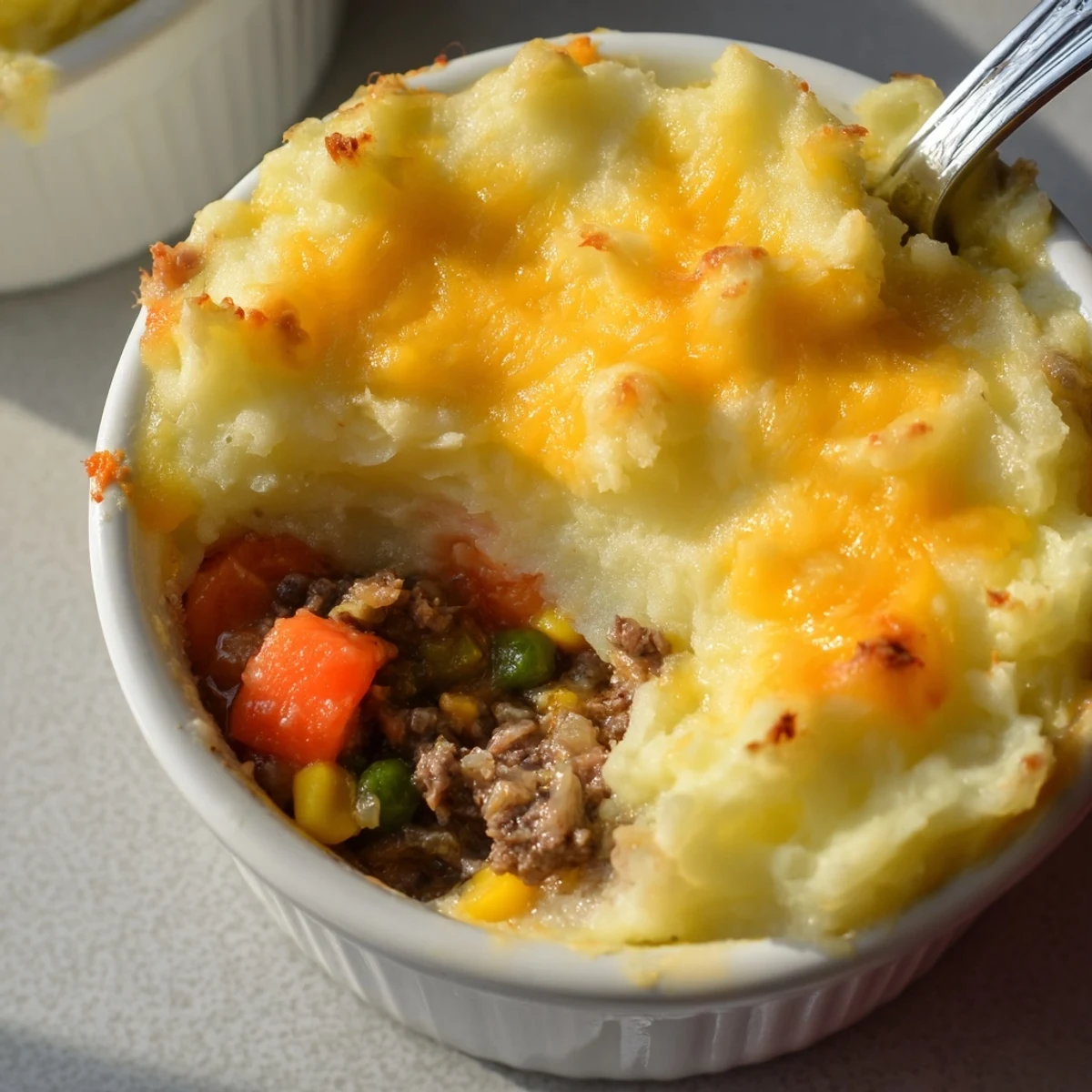 Golden Mini Shepherds Pie in a ramekin showing creamy mashed potato topping and a savory beef filling bubbling at the edges.