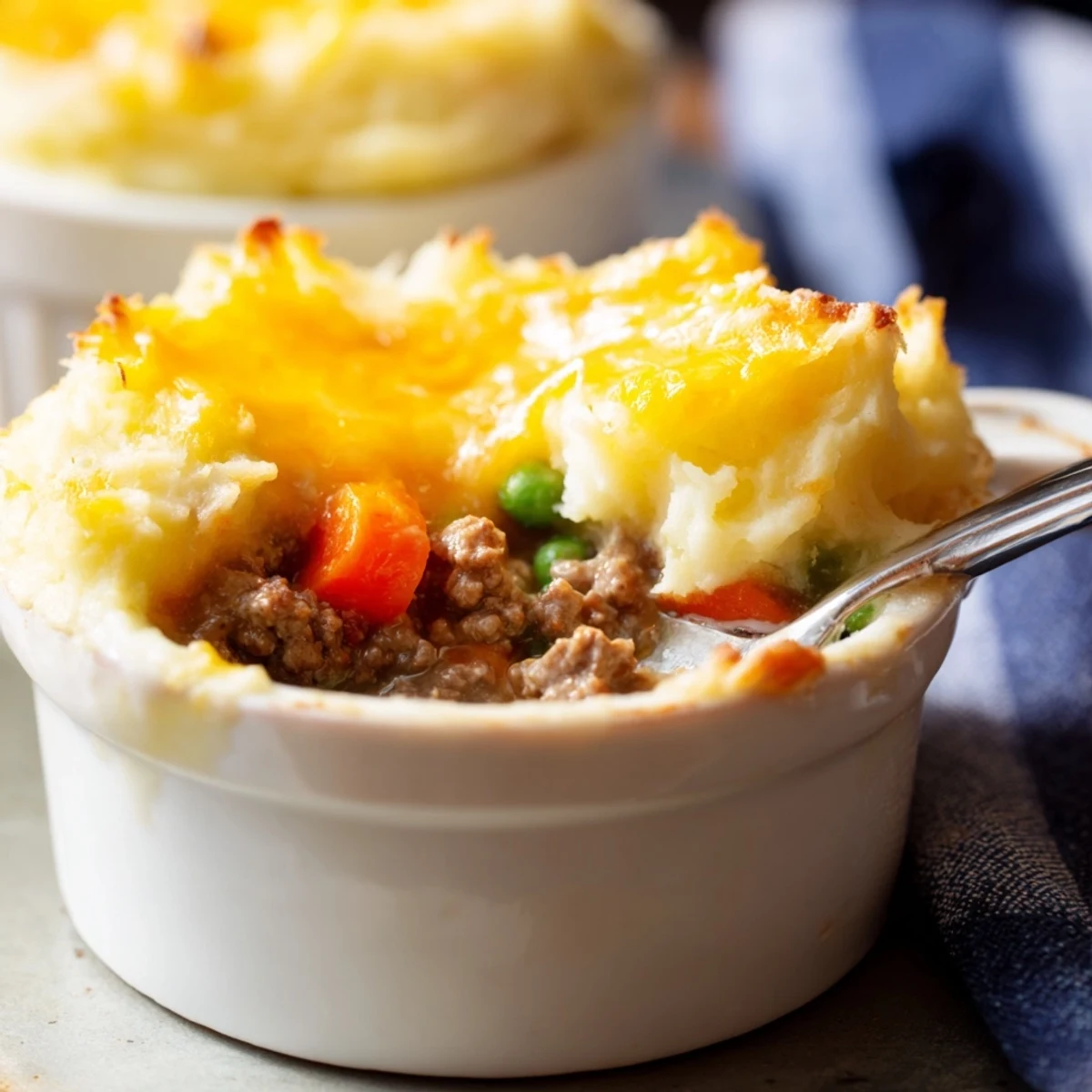 Serving suggestion for Mini Shepherds Pie individual portions garnished with fresh thyme beside a crisp green salad on a wooden table.