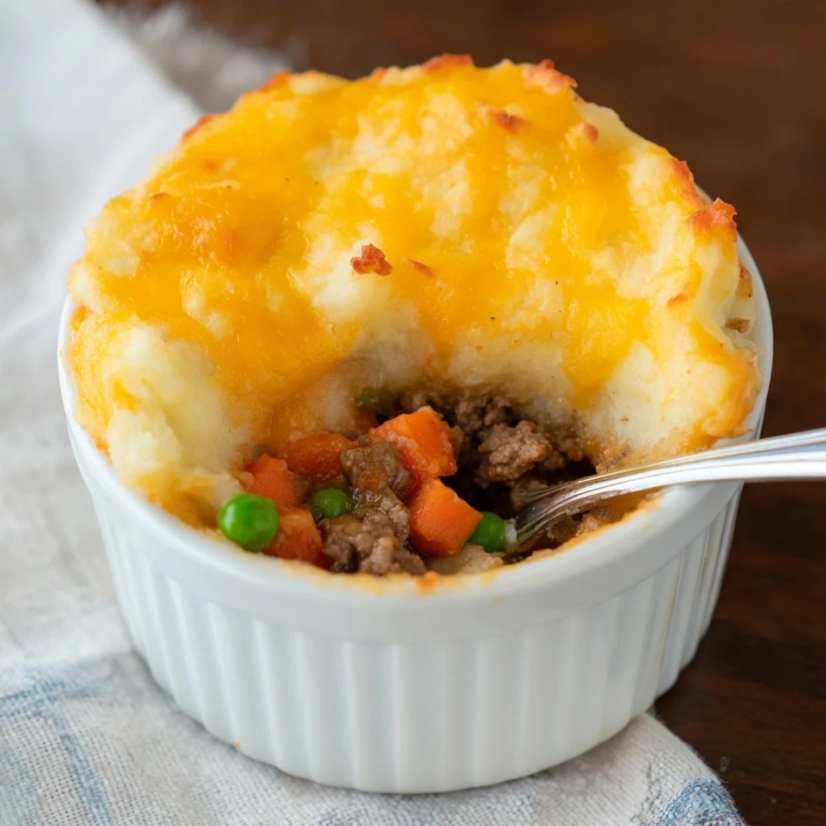 A close-up of Mini Shepherds Pie with golden, cheesy potato crust and visible chunks of carrots, peas, and tender ground meat.