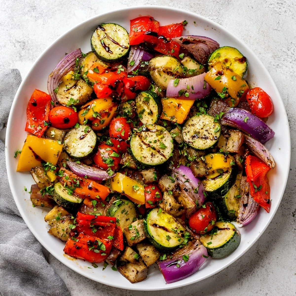 Close-up of Italian Roasted Vegetables, featuring tender eggplant cubes and blistered cherry tomatoes fresh from the oven.