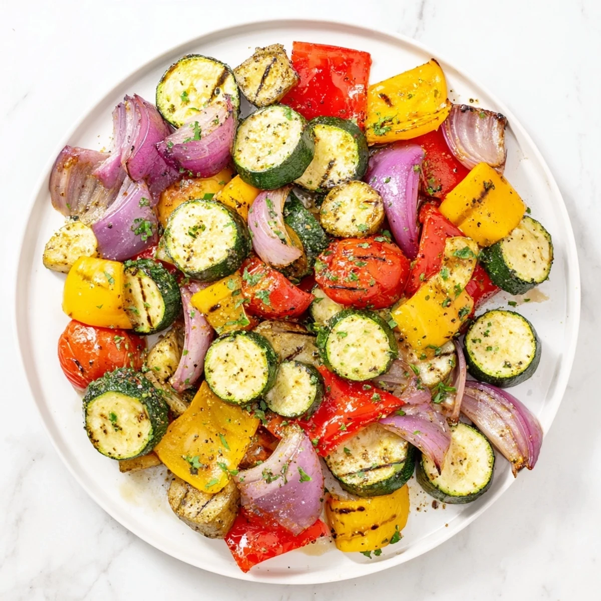 Healthy Italian Roasted Vegetables garnished with fresh parsley and balsamic glaze, ready to serve alongside a pasta main course.