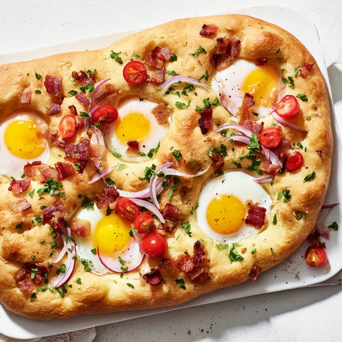 Savory breakfast focaccia garnished with herbs, featuring golden egg yolks and crunchy bacon on olive oil bread.
