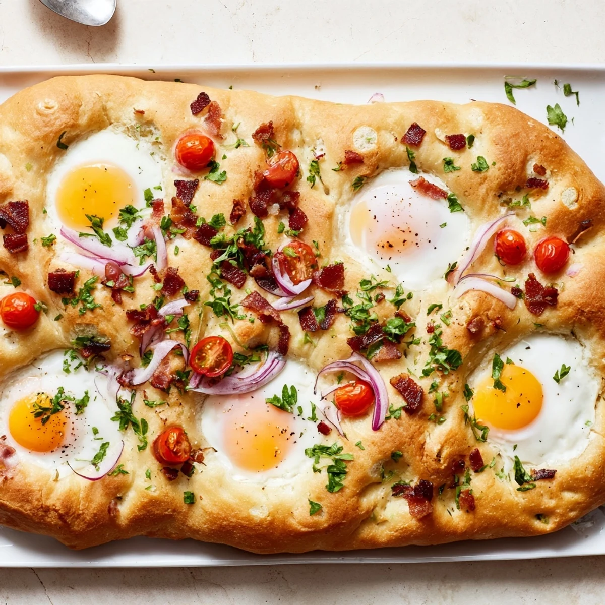 Sliced Italian focaccia for brunch reveals tender eggs, juicy tomatoes, and bacon over dimpled, herb-flecked flatbread.