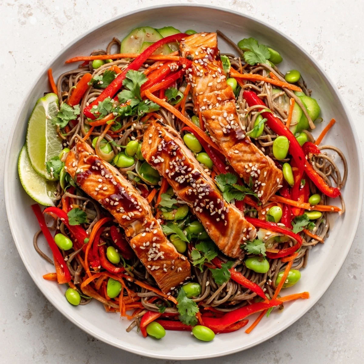Glazed teriyaki salmon flakes tenderly over cold soba noodles, mixed with julienned carrots, peppers, and a bright lime dressing.