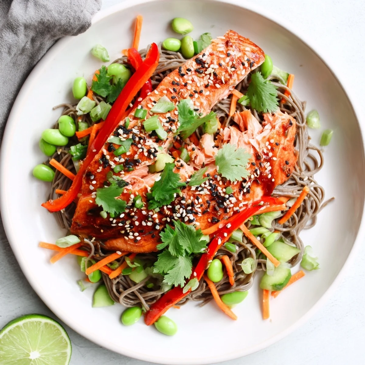 Flaky glazed teriyaki salmon rests atop buckwheat soba noodles, with crisp veggies and toasted sesame seeds scattered throughout.