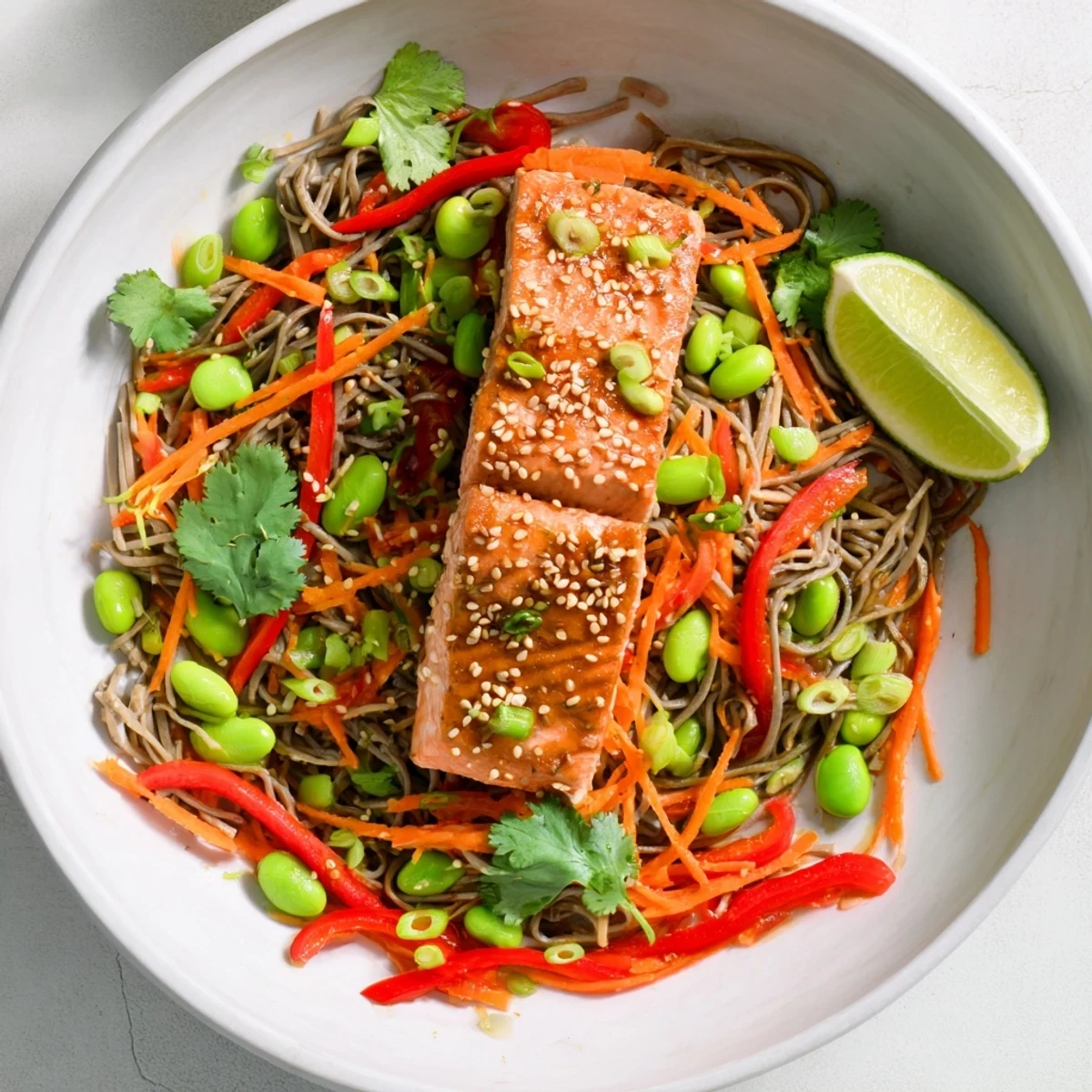 Colorful Japanese-inspired salad featuring glazed salmon, chewy soba noodles, crunchy vegetables, and fresh cilantro garnish on a white plate.
