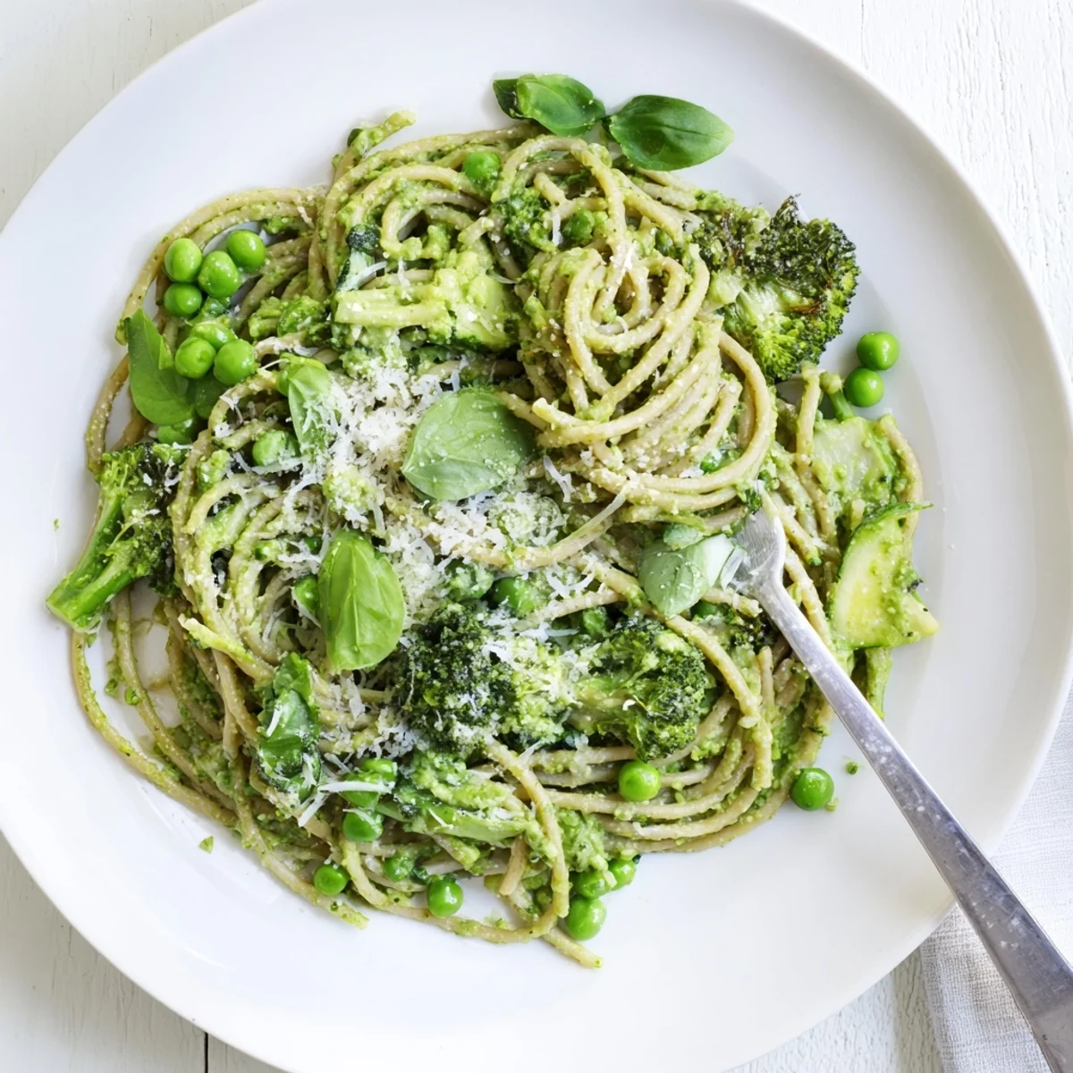 Served Veggie Smuggler Avocado Pasta with steamed broccoli and peas on a rustic wooden table.