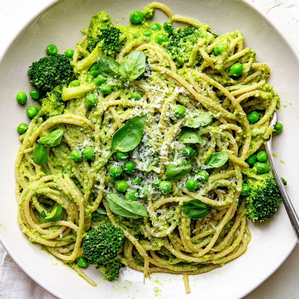 A close-up of Veggie Smuggler Avocado Pasta twirled on a fork showing the rich green sauce.