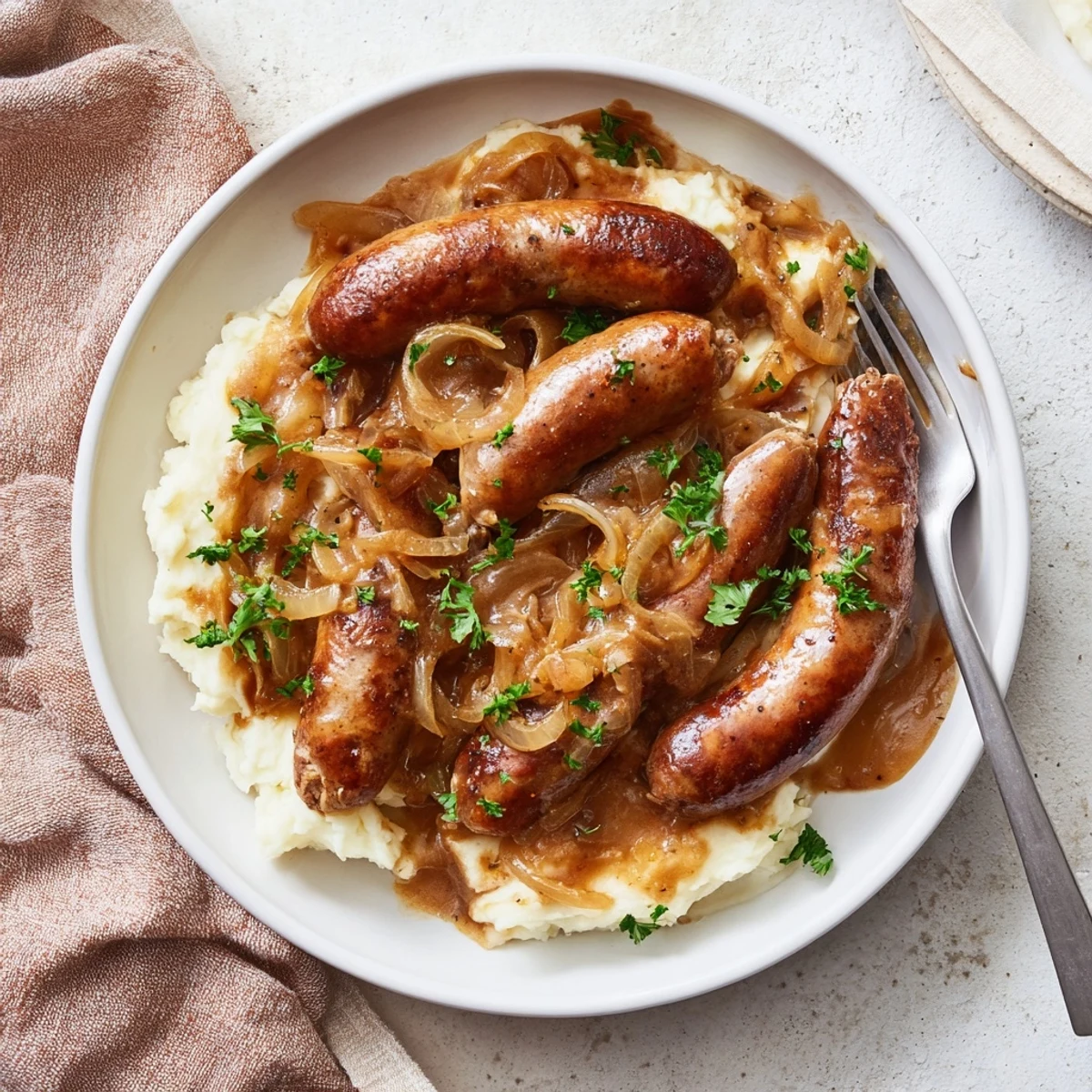 Hearty Sausages in Onion Gravy ladled over buttery mashed potatoes for a comforting family dinner.