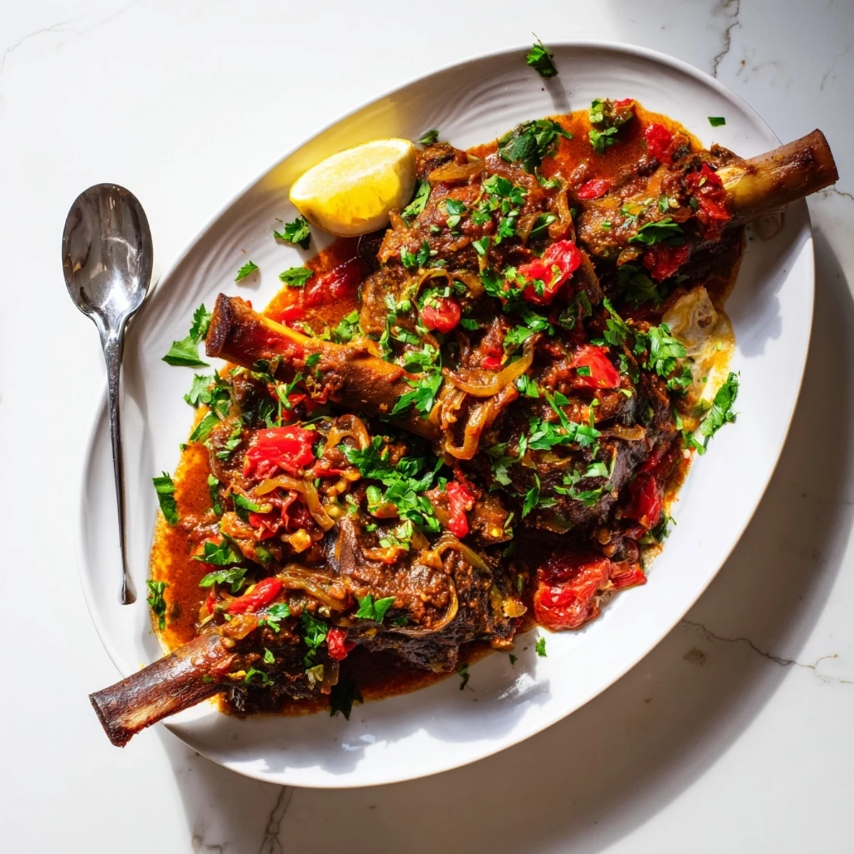 Golden brown Slow Cooked Indian Lamb Shanks in a rich, fragrant curry sauce garnished with cilantro.