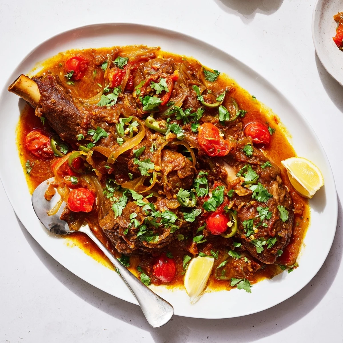 A serving of Slow Cooked Indian Lamb Shanks over fluffy basmati rice with lemon wedges.