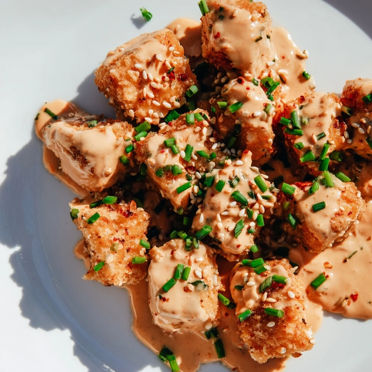 Golden crispy Bang Bang Salmon Bites glistening with creamy, spicy sauce and fresh chives.  