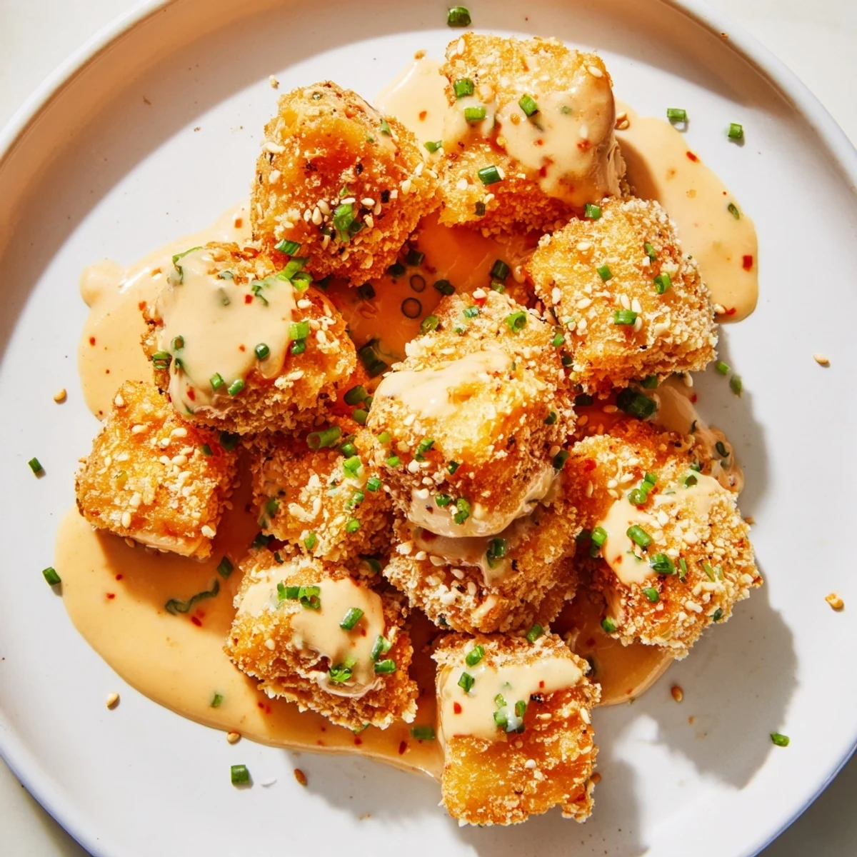 Savory Bang Bang Salmon Bites served warm in a bowl with sesame seeds and lime.  