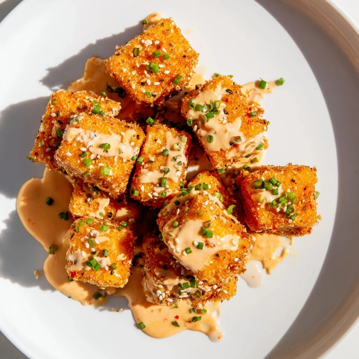 Appetizer platter of Bang Bang Salmon Bites drizzled in sauce, ready for a party spread.