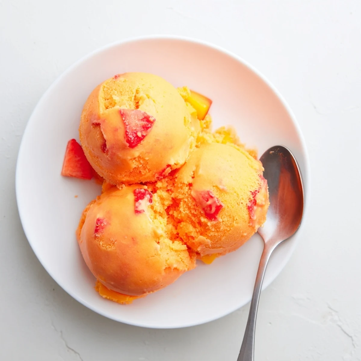 A close-up of Mango Strawberry Sorbet topped with sliced strawberries and a drizzle of lime glaze on a chilled plate.  