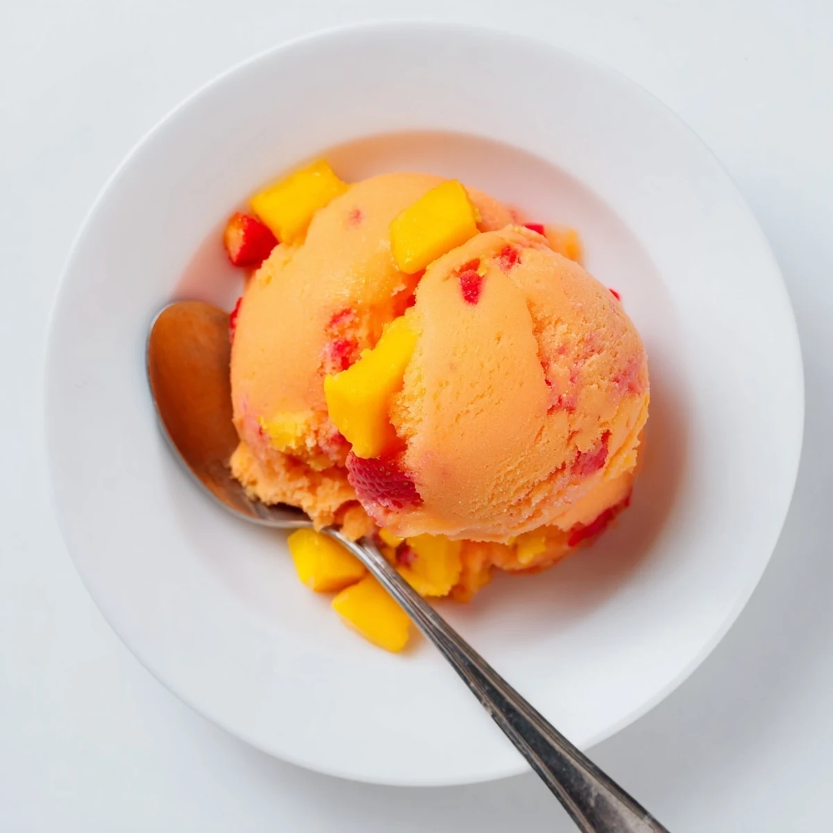 A scoop of Mango Strawberry Sorbet in a clear glass bowl, showing vibrant pink and orange hues and fresh mint garnish.  