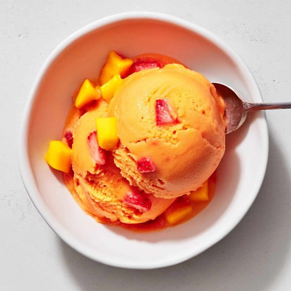 Homemade Mango Strawberry Sorbet served in waffle cones, with bright fruit swirls and sparkling condensation for summer.